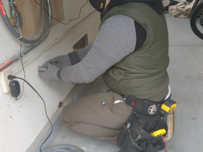 Electrician performing outlet wiring in a Gray garage